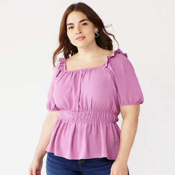 Nine West Pink Purple Puff Sleeve Ruffled Blouse Size XL - Picture 1 of 6